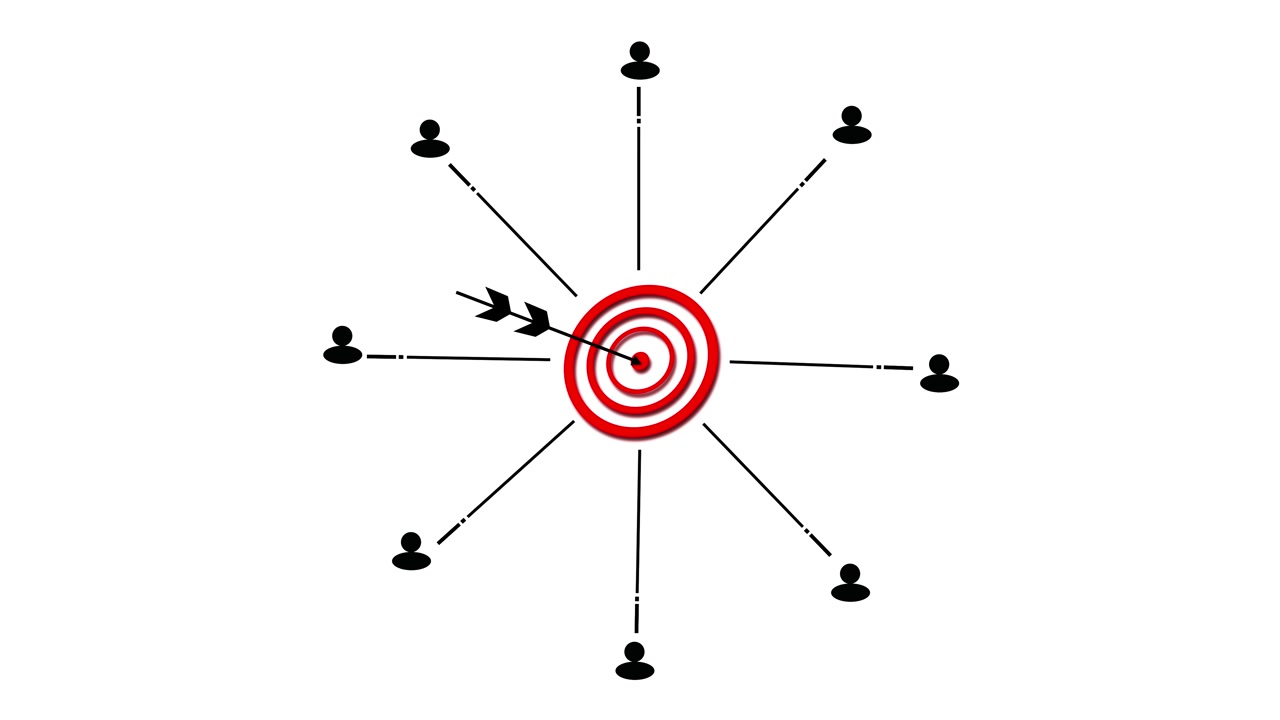 Red target arrow goal concept on white background with bullseye rings person icon and simple