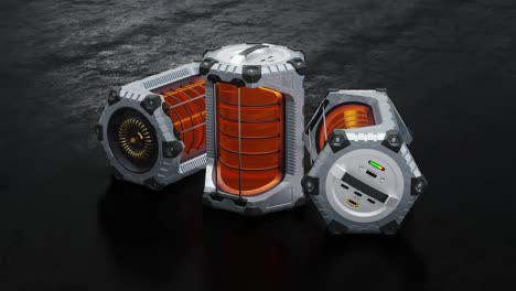 three scifi hexagonal battery put on a dark floor in infinite turning around