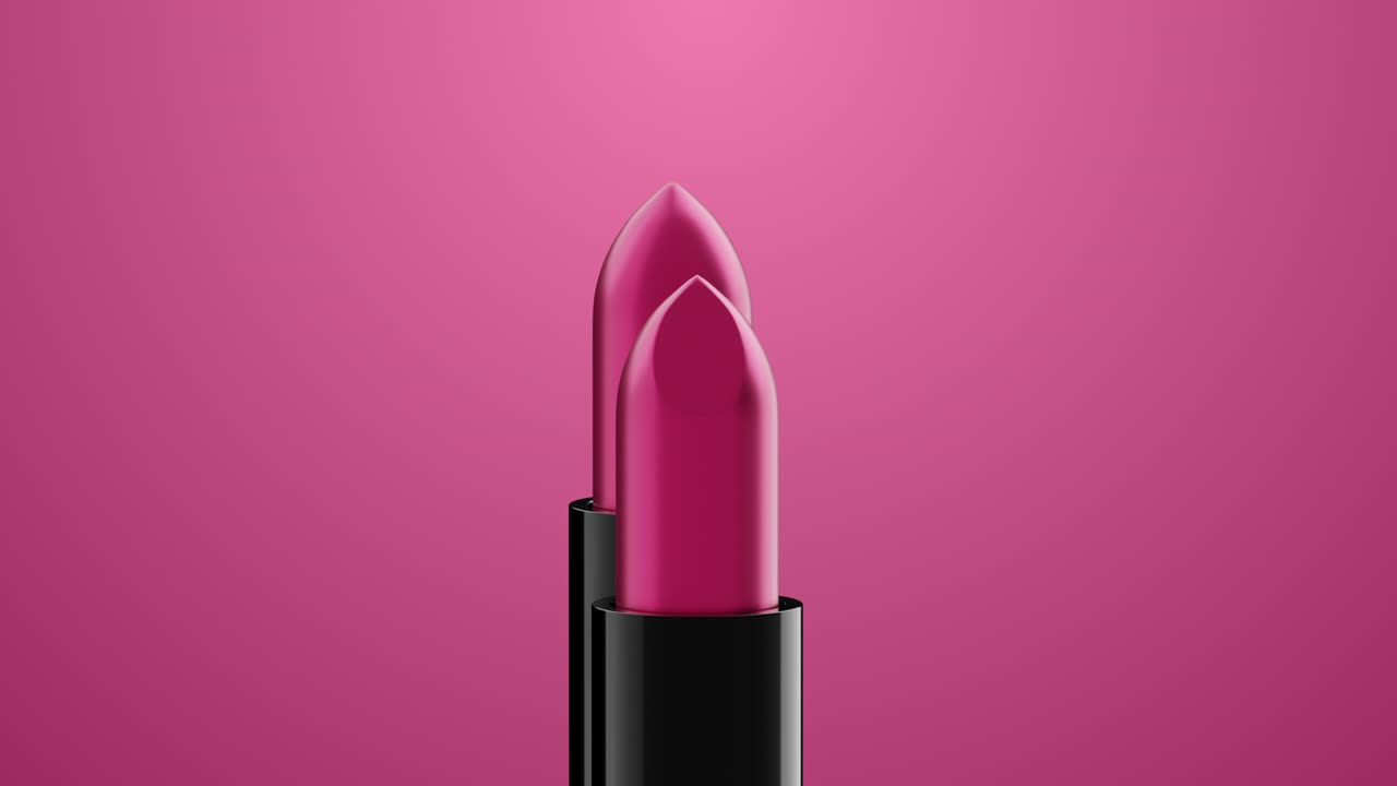 Rossetto color rosa che ruota su sfondo rosa.