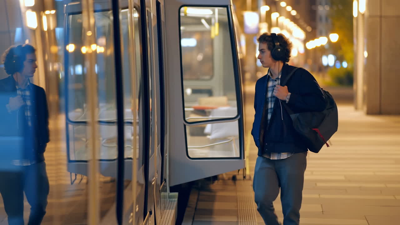 White Man Boarding Tram At Night, Carrying Duffel Bag And Wearing Headphones, Standing On Illuminated Platform