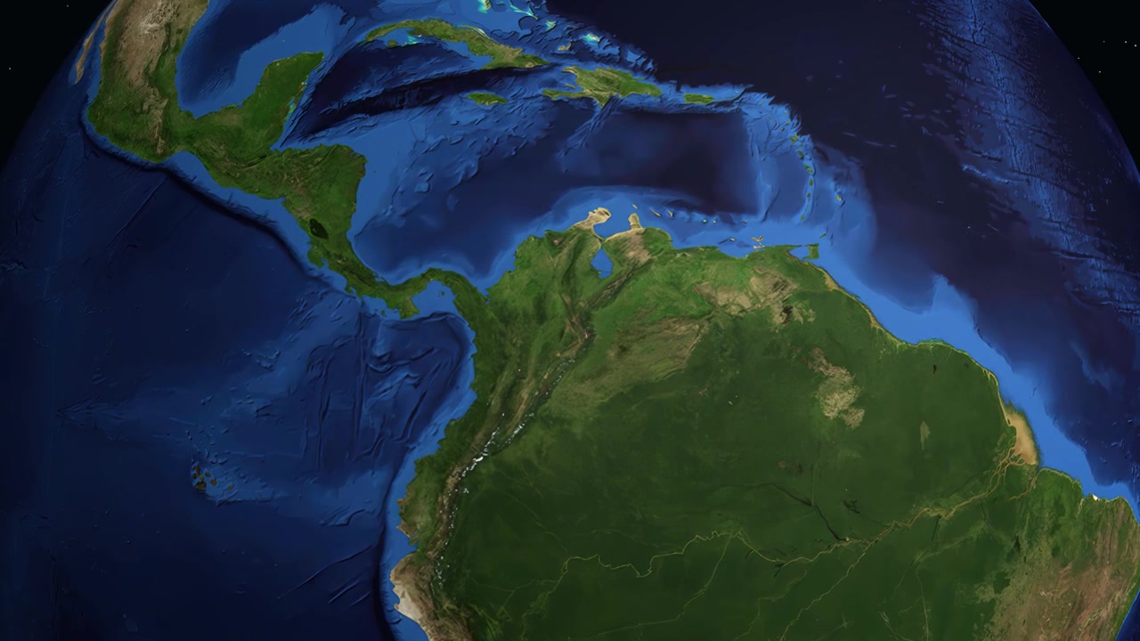Globo digitale ruota e ingrandisce il Sud America, individuando Bucaramanga, Colombia con coordinate specifiche.