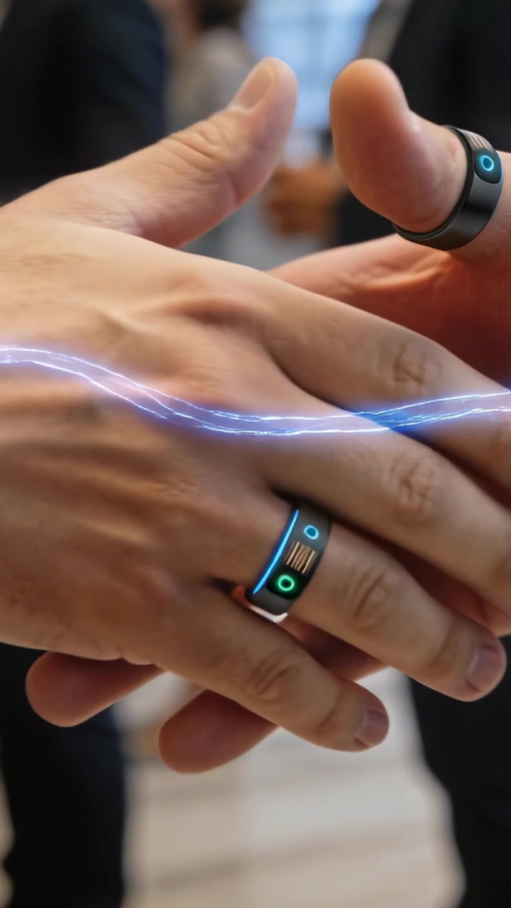 Vertical video: Bumping two hands sparking glow into handshake at event, smart rings, suits