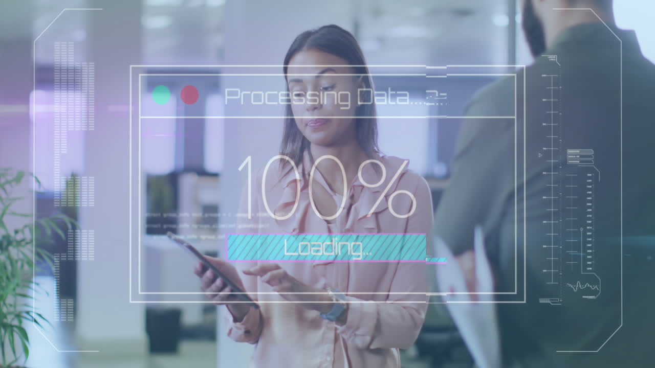 animación del procesamiento de datos financieros sobre diversas personas de negocios que trabajan en la oficina