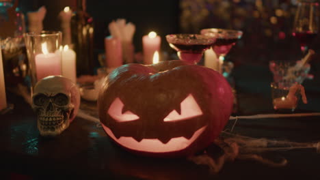 Close-up-view-of-lighted-pumpkin