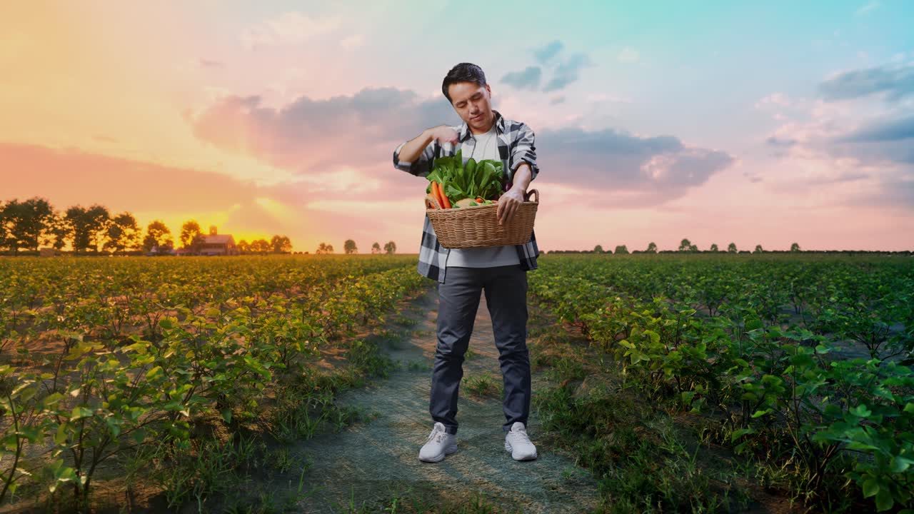 해가 지는 동안 채소 바구니 를 들고 있는 농부