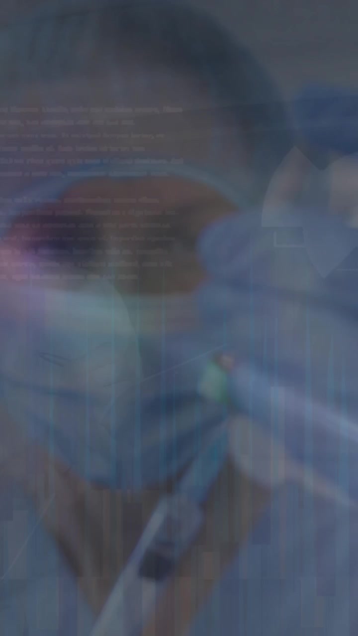 Animation of data processing over caucasian female doctor with face mask and vaccine