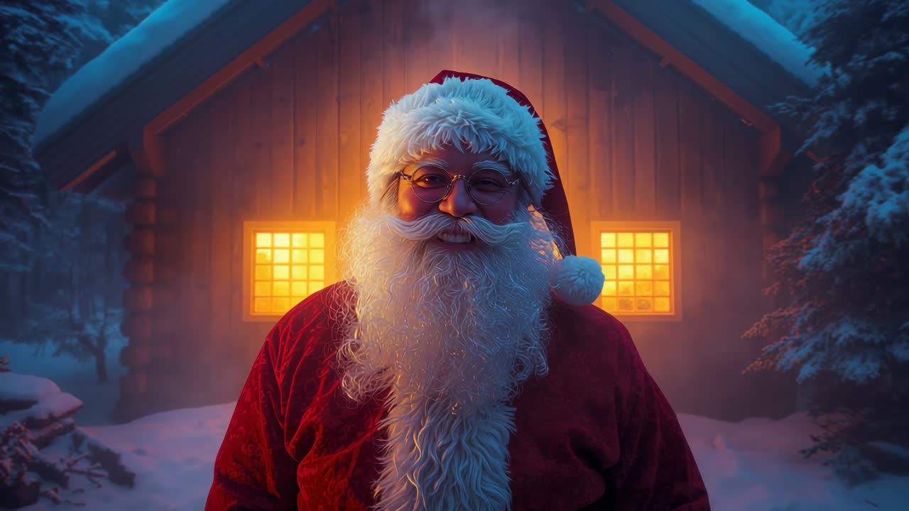 Zooming camera capturing Santa Claus in red suit smiling in snowy clearing, glowing cabin windows