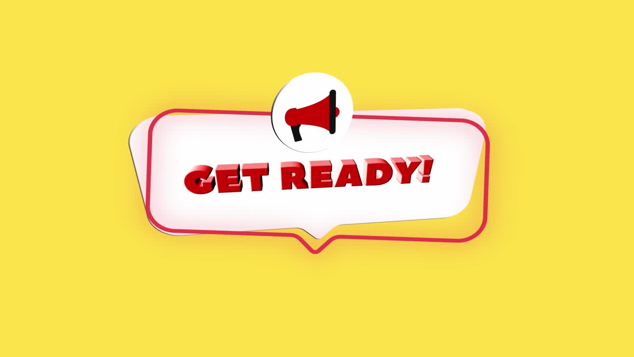 ícono de megáfono de estilo realista 3d con texto prepararse aislado en fondo amarillo. megáfona con burbuja de habla y preparar texto en diseño plano. animación gráfica de movimiento de video 4k