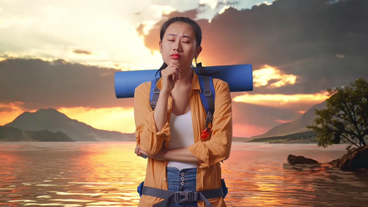 Asian Female Hiker With Mountaineering Backpack Thinking About Something And Looking Around While Standing At A Lake During Sunset Time