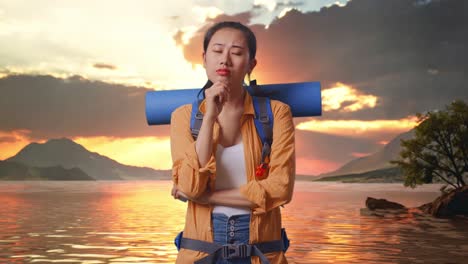 asian female hiker with mountaineering backpack thinking about something and looking around while standing at a lake during sunset time