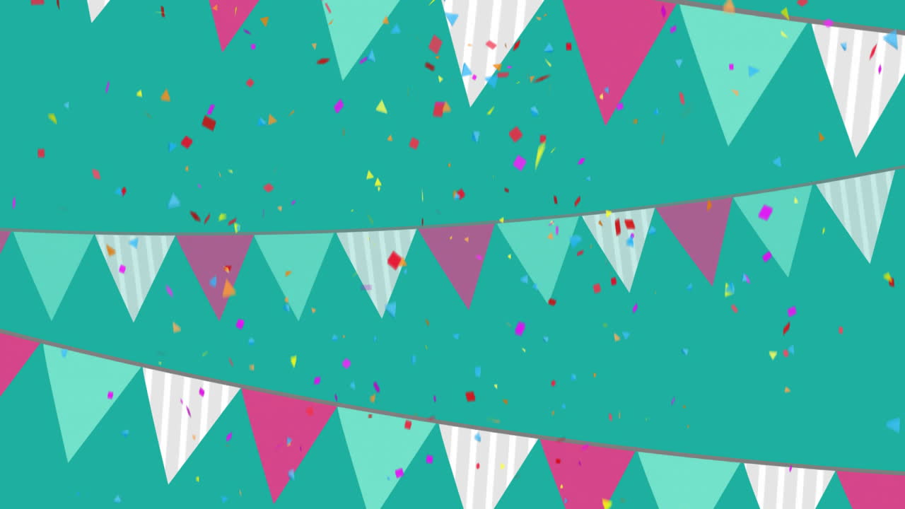 confeti colorido y banderas triangulares animación sobre fondo azulado