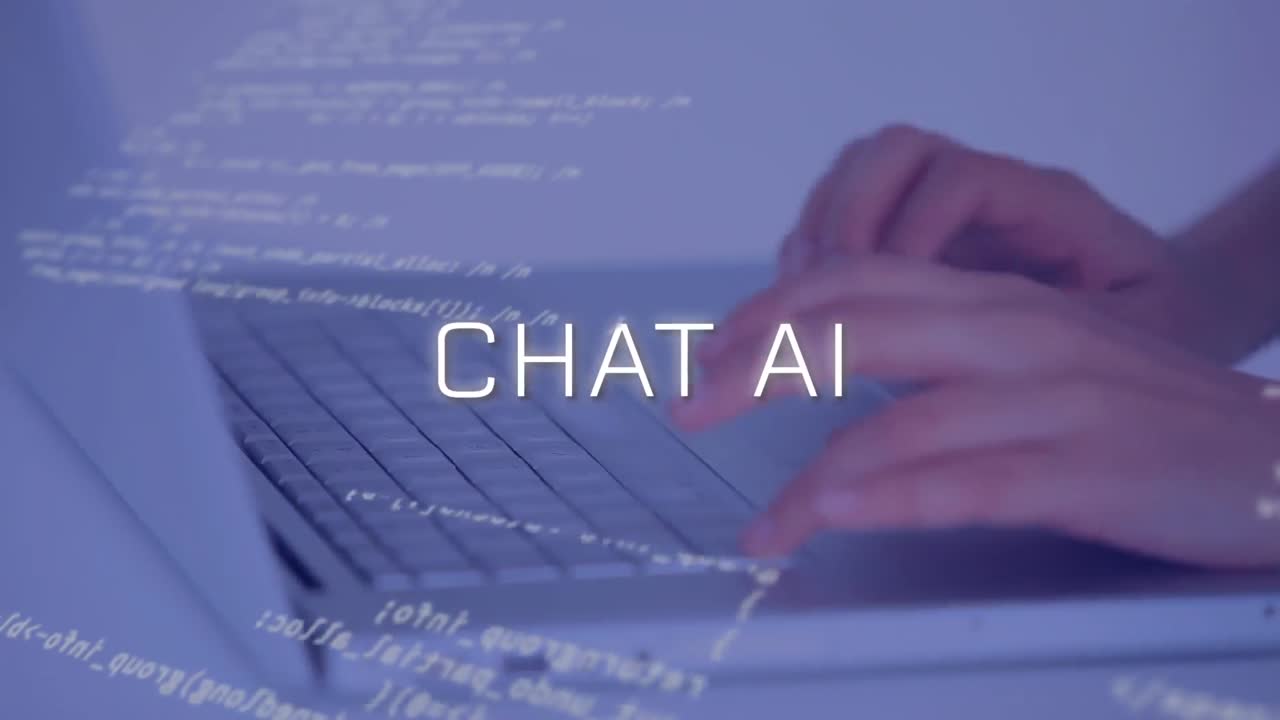 Animation of artificial intelligence text and data processing over caucasian man using computer