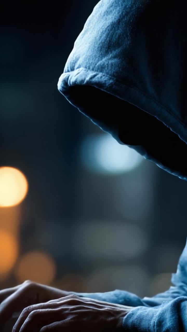 En mystisk skikkelse i en hættetrøje engageret i en spændende aktivitet, omgivet af bløde bokeh-lys, der fremkalder en følelse af intriger og forventning
