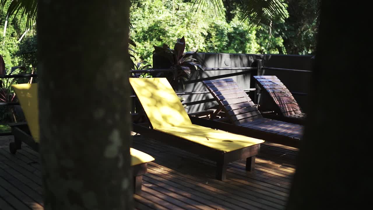 호텔의 목조 테라스 의 화려한 일반, 뒷면에는 휴식하는 라운지 의자와 나무, 종려나무 및 식물이 있습니다.