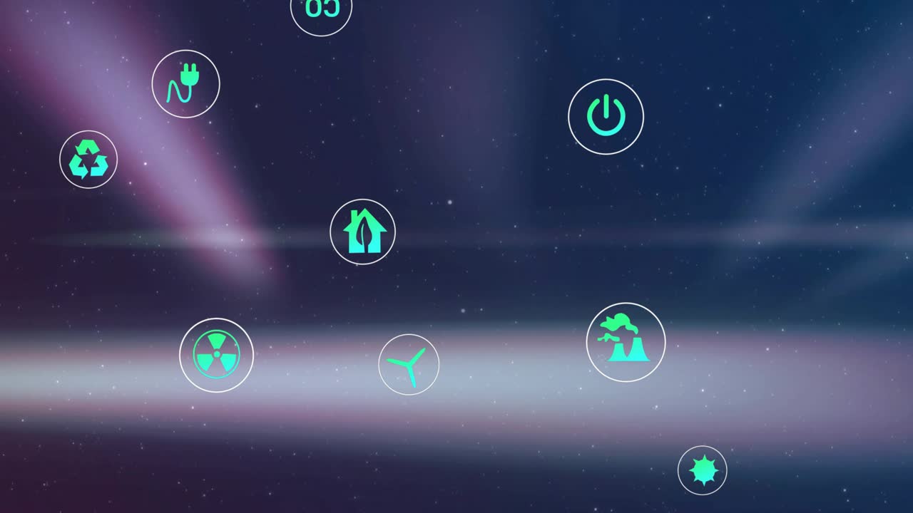 Green icons entering top sides, drifting, scaling over aurora band, clustering to show energy tech