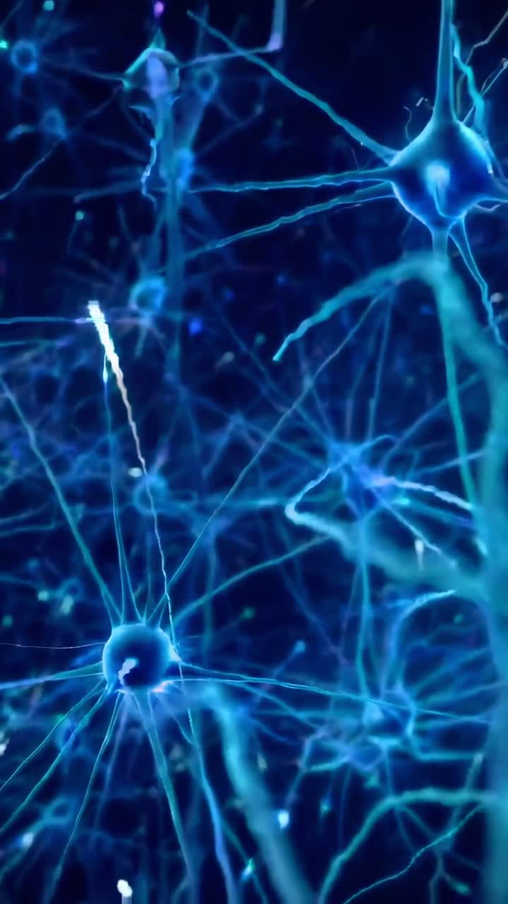 Close-up video of glowing blue neurons with a dynamic, upward camera angle