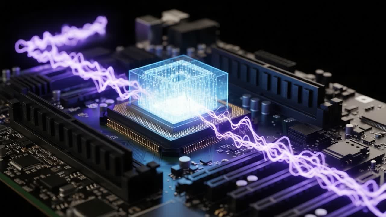A Glimpse into the Future of Technology: An Advanced Circuit Board Highlighting a Quantum Processor Surrounded by Pulsating Energy Waves