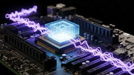 a glimpse into the future of technology: an advanced circuit board highlighting a quantum processor surrounded by pulsating energy waves