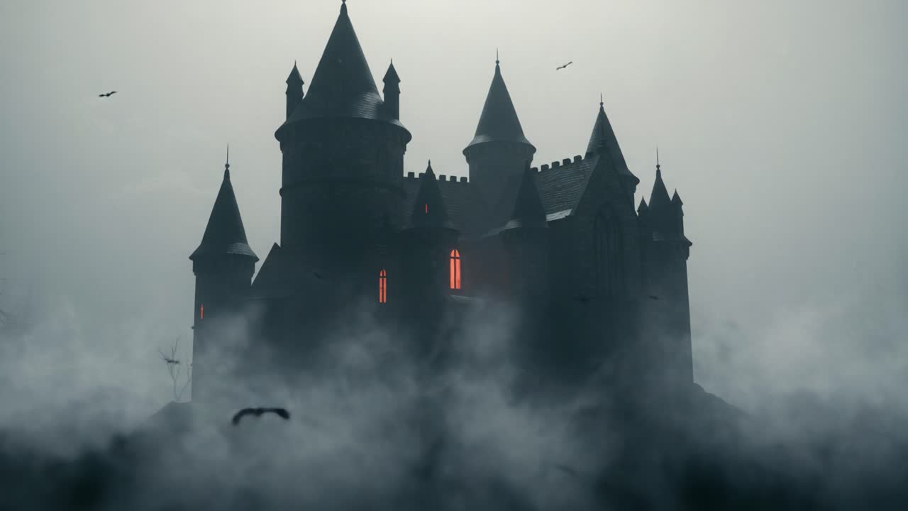 A Mysterious Dark Castle Emerges from the Fog with Flickering Red Windows, Surrounded by Enigmatic Shadows and the Whispering Winds of Night