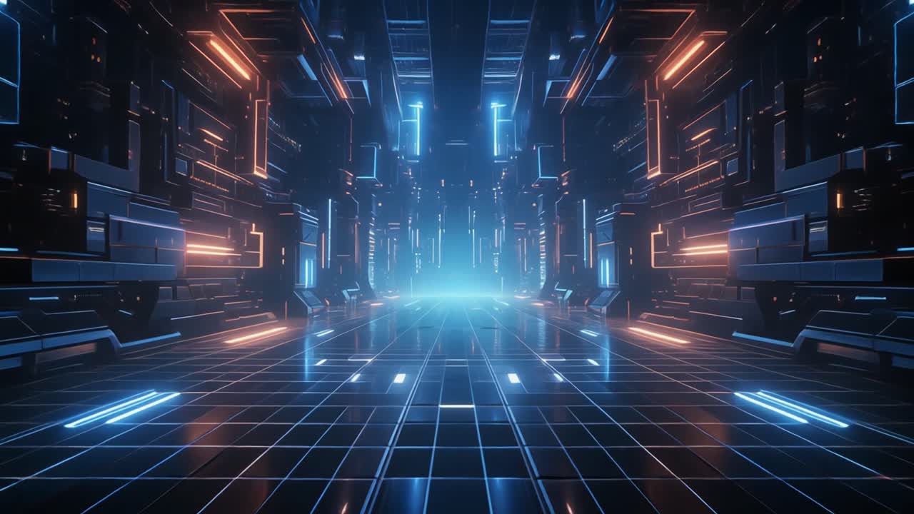 Moving Through a Futuristic Digital Tunnel with Glowing Neon Lights