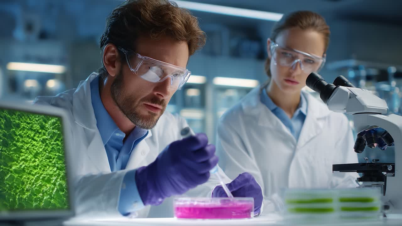 Scientists in Laboratory Conduct Research on Microorganisms Using Microscopes and Petri Dishes, Investigating Biological Samples for Scientific Discoveries