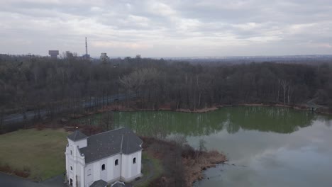 Aerial-view-of-the-slanted-church-as-a-result-of-coal-mining-in-the-Karviná-region