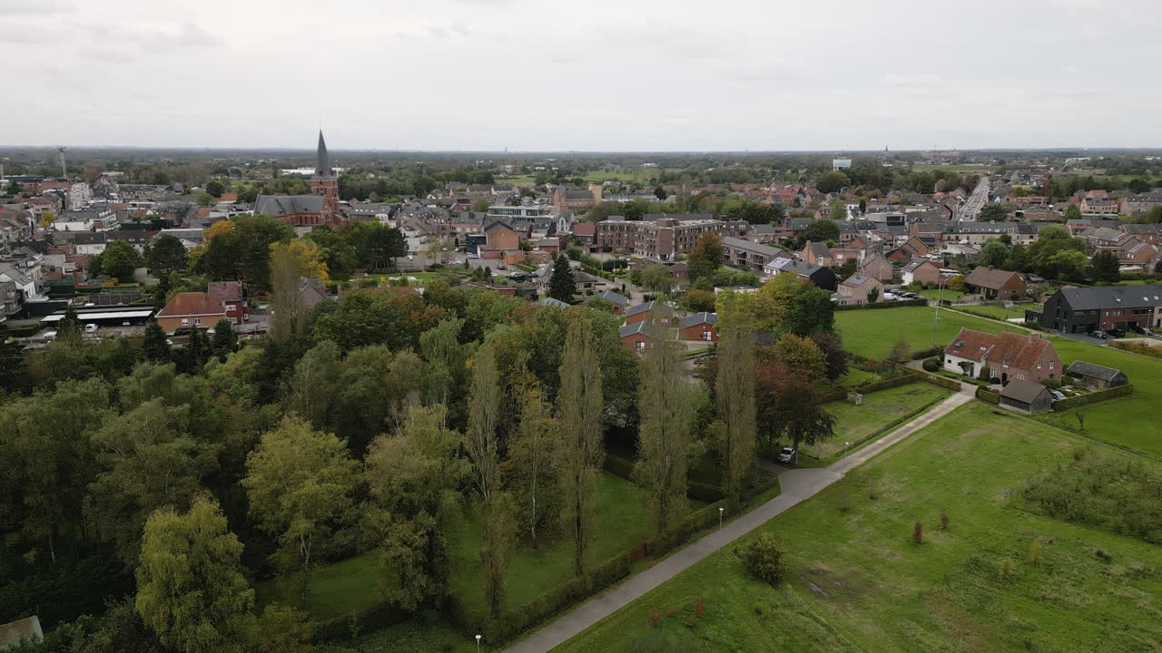 Cozy homes and downtown of Putte township in Belgium, aerial view