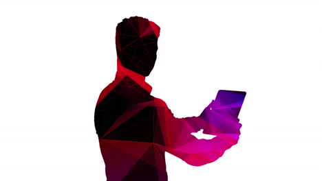 animation of silhouette of businessman with tablet and light trails on white background
