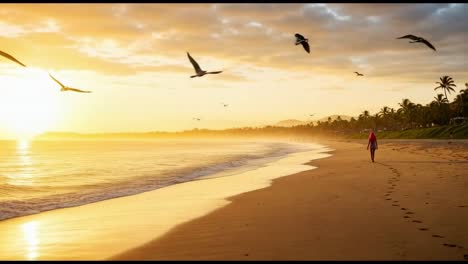 walking along a serene beach at sunset with gentle waves lapping on the shore and seabirds flying above
