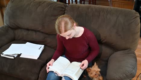 la escena del estudio de madelyne termina con una gran sonrisa después de acariciar a su yorkshire terrier