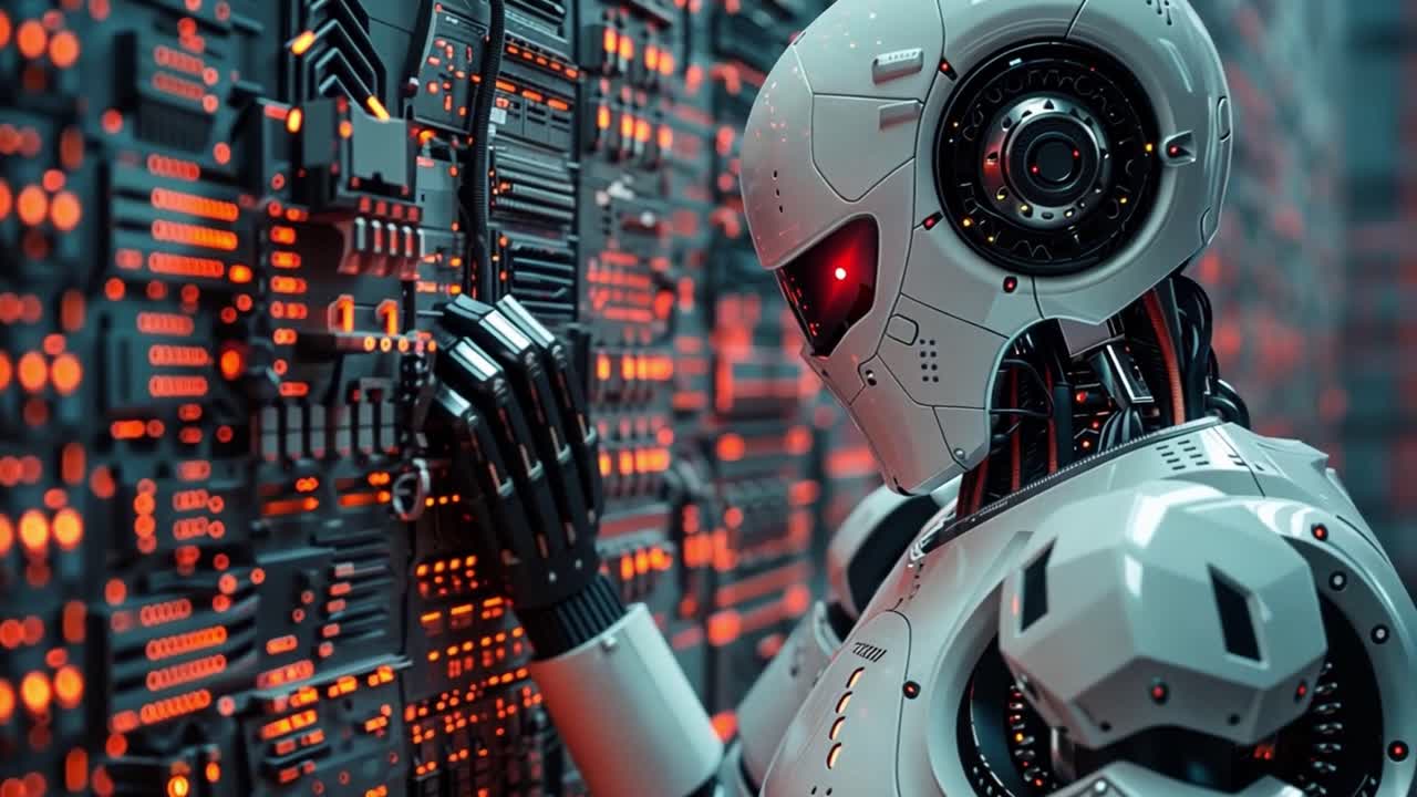 Futuristic Robot Interacting with Advanced Circuitry