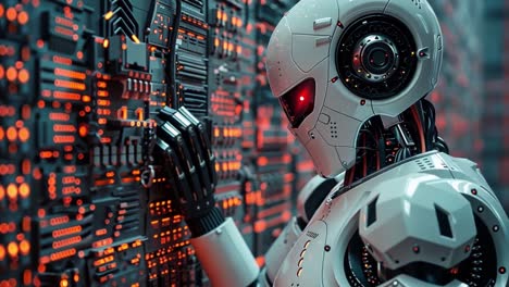 futuristic robot interacting with advanced circuitry