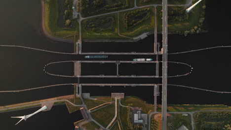 top view of krammersluizen krammer locks in philipsdam, delta works, south-holland, zeeland, netherlands. aerial shot