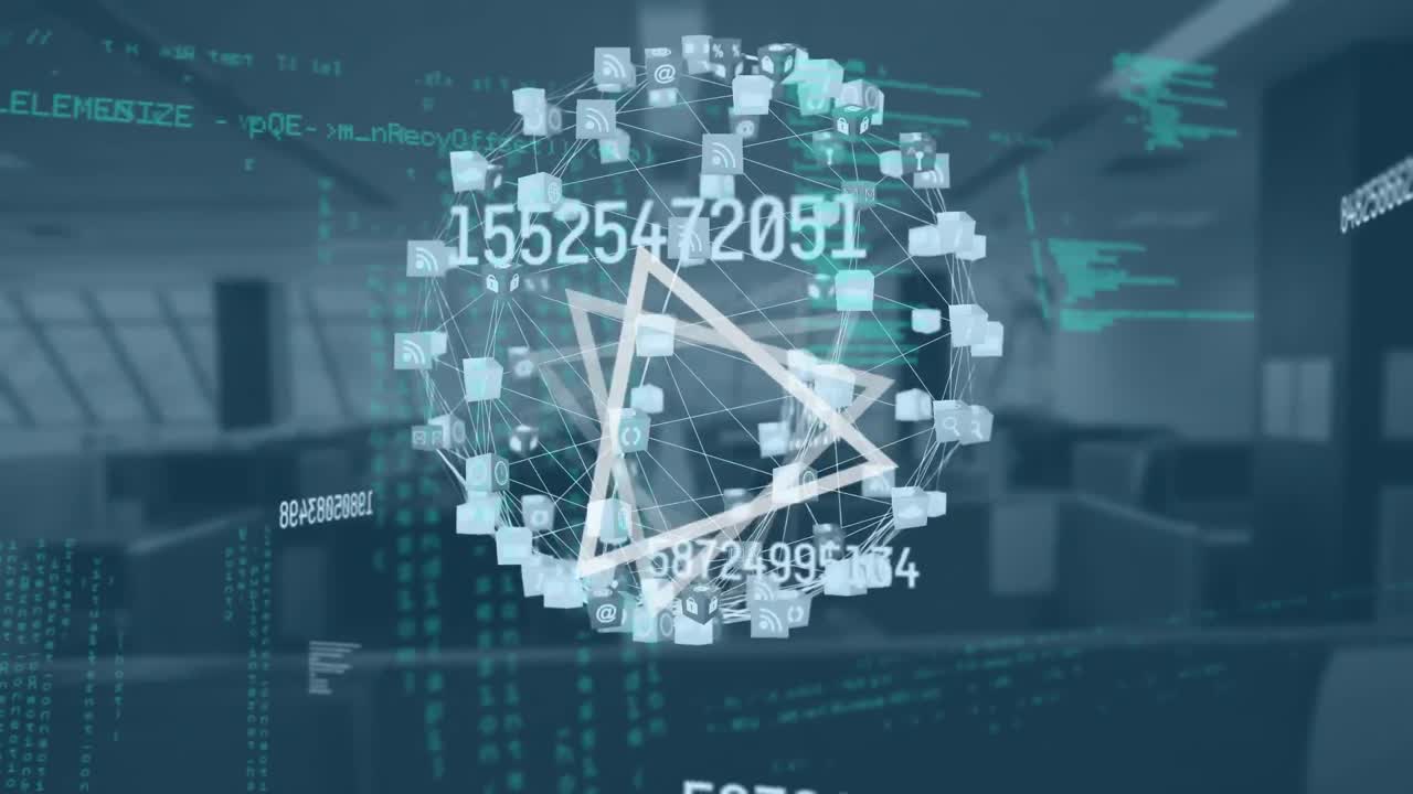 animación de números cambiantes y globo con red de conexiones sobre la oficina vacía