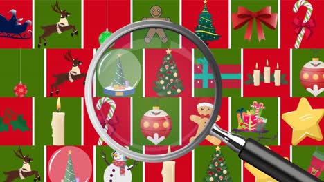 animation of magnifying glass over moving christmas decorations