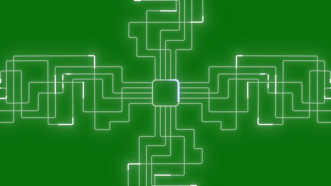 Digital Circuit Board Animation with Glowing Data Flow