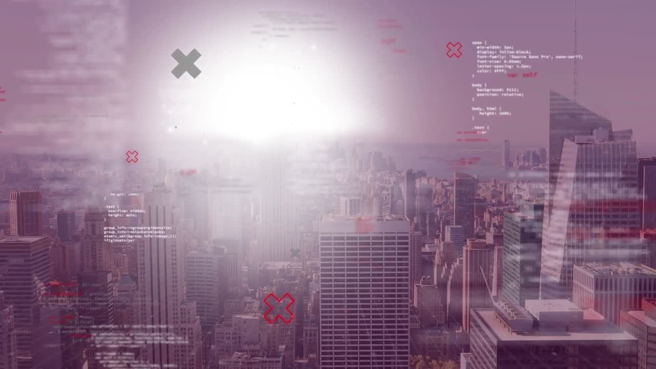 데이터 처리, 도시 풍경 및 연결의 애니메이션