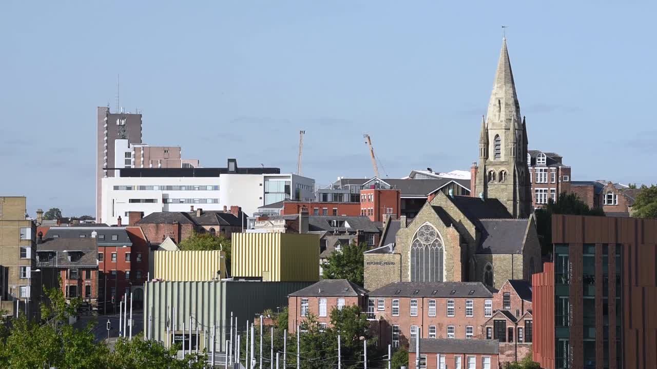 Beautiful view of the Nottingham city skyline at the heart of Nottingham city centre, England. This urban cityscape highlights the modern architecture and historic landmarks in the East Midlands