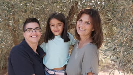 lesbian couple with their daughter in a rural landscape