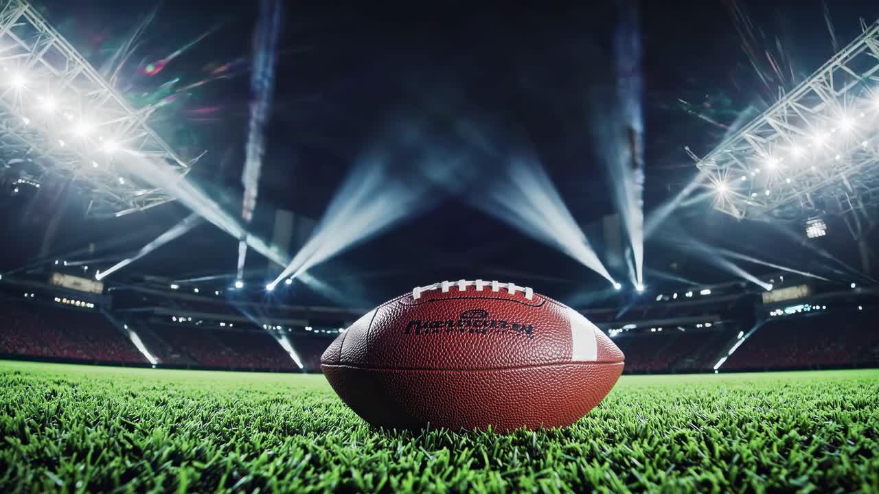 Drammatica ripresa dal basso di un pallone da calcio su un campo da stadio, con luci intense e un'atmosfera cinematografica