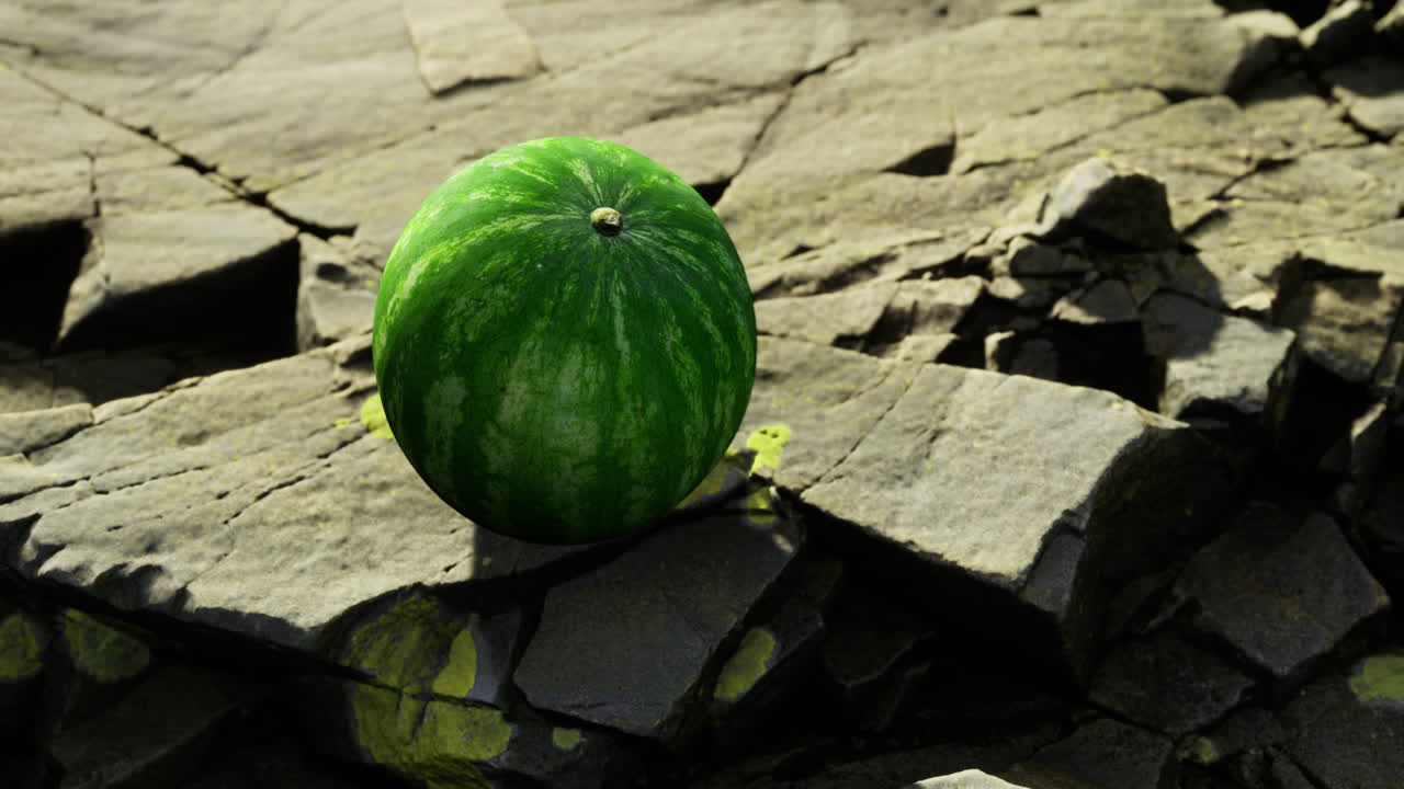 Watermelon resting on rocky terrain near water during daytime