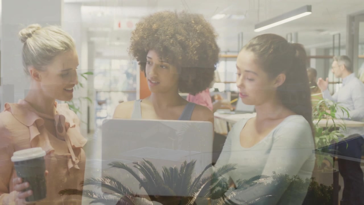 Animation of landscape over business people in office