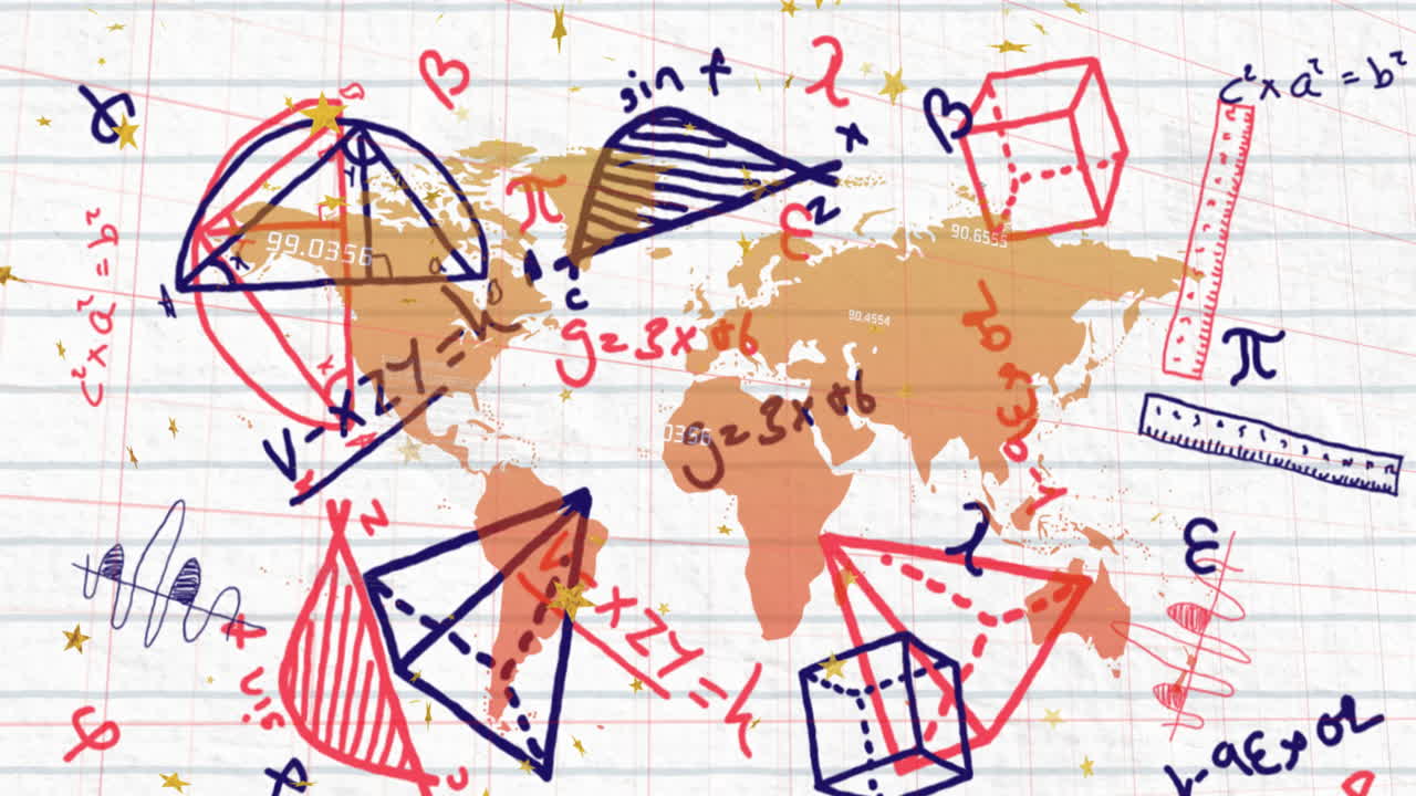 animación de ecuaciones matemáticas y diagramas con escalas sobre el mapa contra un fondo blanco