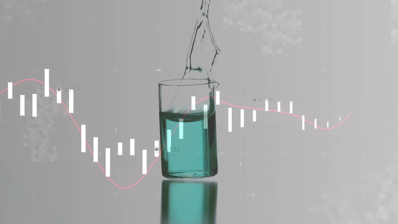 Vertical video: Glass landing, teal liquid pouring, splashing, white bars pink wave moving for data