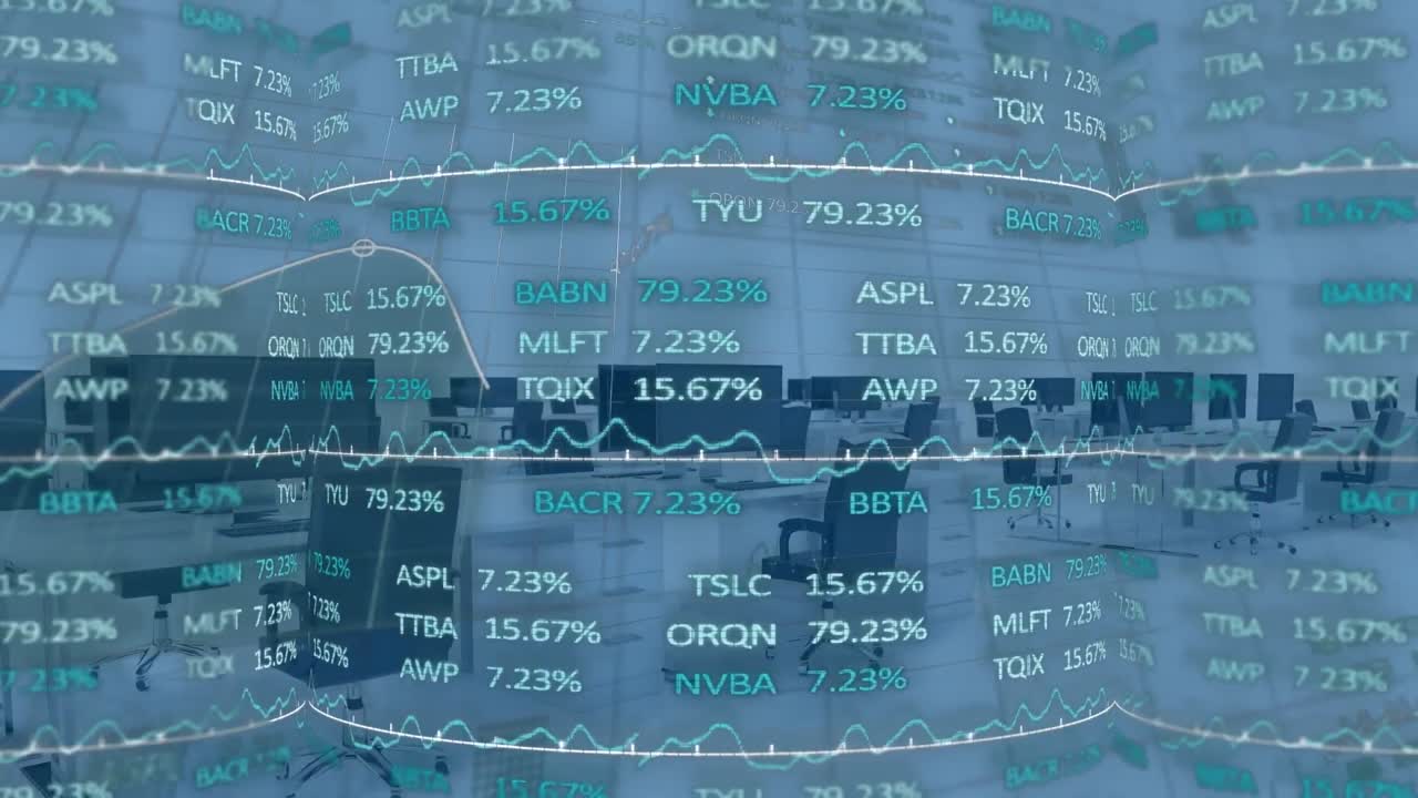 Animation of financial data processing over empty office