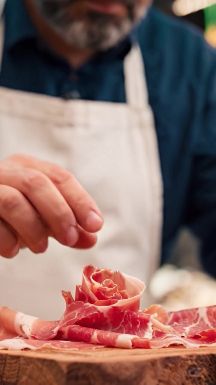 Preparazione artigianale di carne: padroneggiare l'arte di stratificare e presentare delicatamente il prosciutto su un tagliere di legno per l'eccellenza culinaria