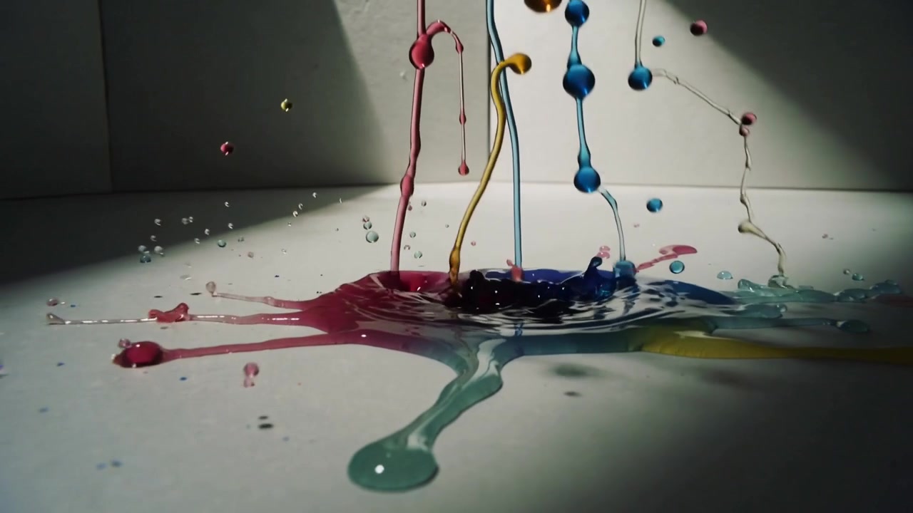 Flussi magenta, verde acqua, blu e gialli che cadono si scontrano all'interno di una scatola bianca, formando una pozza centrale multicolore.