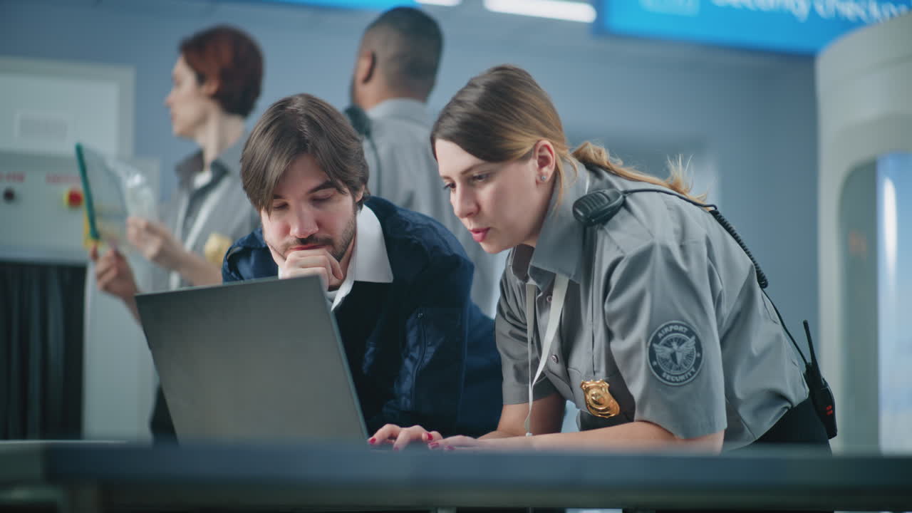 노트북 을 검토 하는 공항 보안 인력