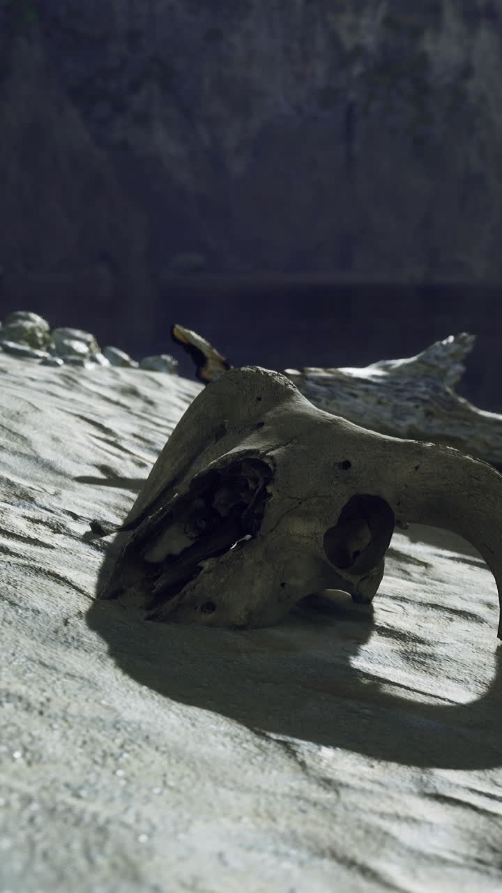 Deserted shore with animal skull and driftwood near calm water at sunset
