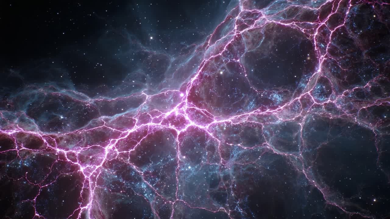 Et fantastisk himmelsk netværk: Fængslende visualisering af kosmiske strukturer og elektriske grene, der oplyser rummets dybder.